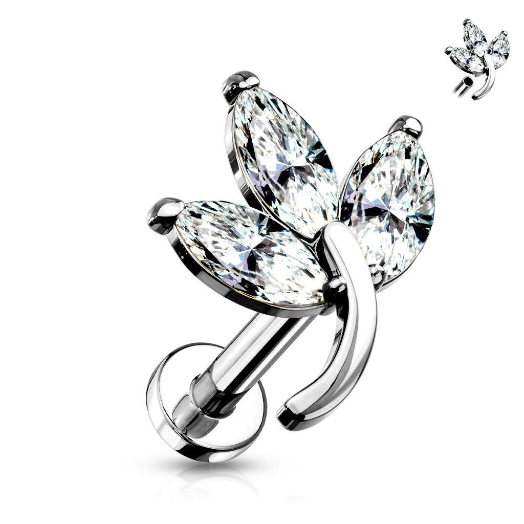 עגיל עלה נידף - עשוי מתכת רפואית בעלת הברגה פנימית. העגיל בעיצוב עלה נידף משובץ זירקונים כעלי כותרת. צבע - כסוף מידה - מגיע בעובי של 1.2 מ"מ ובאורך 8 מ"מ  העגיל מיועד בעיקר לאזורים הבאים: - פירסינג קונץ' - פירסינג הליקס - כמובן שניתן לענוד את העגיל גם באזורים אחרים (: