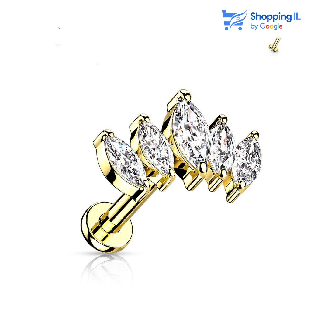 עגיל "טיפות" - עשוי סרג'יקל סטיל 316 (מתכת רפואית) מצופה רודיום בעלת הברגה פנימית. העגיל בעיצוב חמש טיפות של זירקון מחוברים בקשת. צבע - שחור, כסוף, זהב מידה - מגיע בעובי של 1.2 מ"מ ובאורך 6 מ"מ.  העגיל מיועד בעיקר לאזורים הבאים: - פירסינג קונץ' - פירסינג הליקס - פירסינג פלאט - כמובן שניתן לענוד את העגיל גם באזורים אחרים (: