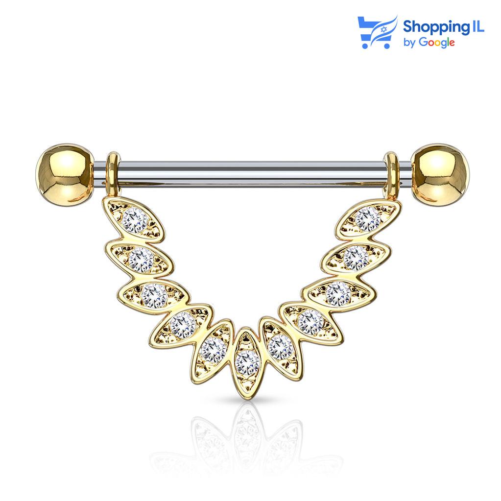 עגיל לפיטמה סוואן - עשוי סרג'יקל סטיל 316 (מתכת רפואית) מצופה בזהב 14 קראט המוט אינו מצופה. העגיל הינו מוט ישר המחזיק תליון בעיצוב של קרני שמש זירקון. צבע - זהב מידה - מגיע בעובי 1.6 מ"מ ובאורך 14  מ"מ מידת הסוגרים- 4 מ"מ  העגיל מיועד בעיקר לאזורים הבאים: - פירסינג בפיטמה