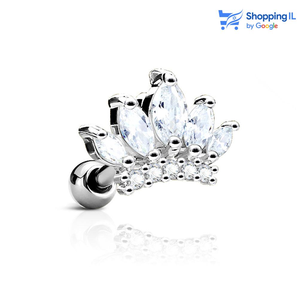 עגיל צ'יף אינדיאני- עשוי מתכת רפואית. העגיל בצבע כסף ובעיצוב של כתר משובץ באבני זירקון  . צבע - כסוף מידה - מגיע בעובי של 1.2 מ"מ ובאורך 6 מ"מ  קוטר סוגר - 3 מ"מ העגיל מיועד בעיקר לאזורים הבאים: - פירסינג הליקס - פירסינג פלאט - כמובן שניתן לענוד את העגיל גם באזורים אחרים (: