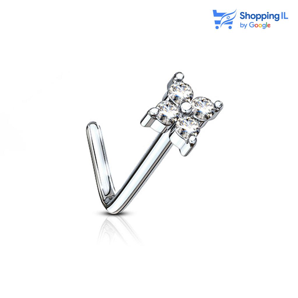 עגיל נזם פרח- עשוי מתכת רפואית. העגיל בעיצוב נזם "L" משובץ אבני זירקון בעיצוב פרח . צבע - כסף מידה - מגיע בעובי של 0.8 מ"מ ובאורך 6 מ"מ  העגיל מיועד בעיקר לאזורים הבאים: - פירסינג נזם - כמובן שניתן לענוד את העגיל גם באזורים אחרים (: