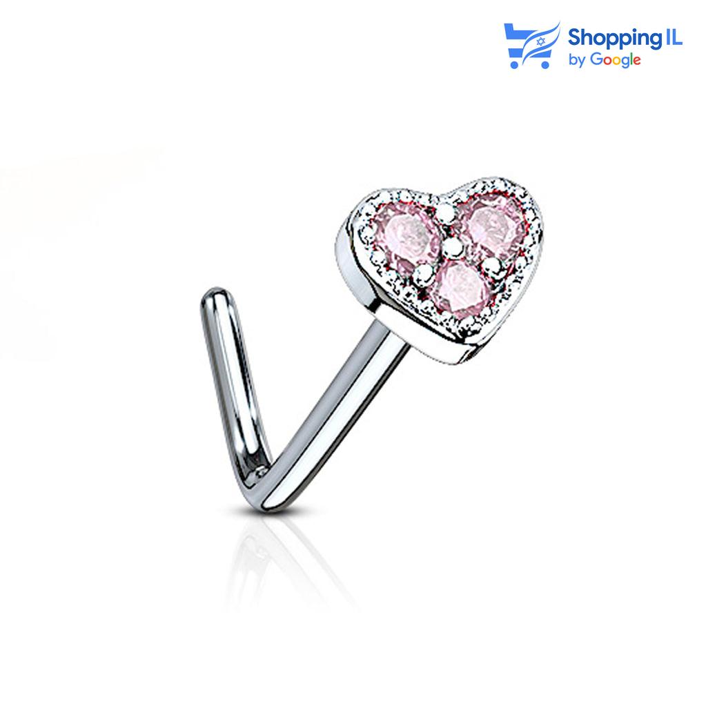 עגיל נזם לב- עשוי מתכת רפואית. העגיל בעיצוב נזם "L" משובץ אבני זירקון בעיצוב לב. צבע - ורוד, אקווה מידה - מגיע בעובי של 0.8 מ"מ ובאורך 6 מ"מ  העגיל מיועד בעיקר לאזורים הבאים: - פירסינג נזם - כמובן שניתן לענוד את העגיל גם באזורים אחרים (: