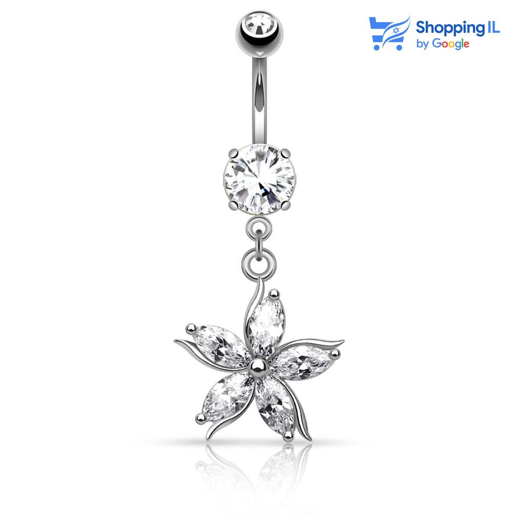 עגיל לטבור יסמין - עשוי מתכת רפואית. עגיל לטבור משובץ באבן זירקון גדול ואבן זירקון קטנה, ומעוטר בעלה יסמין עשוי זירקונים תלוי. צבע - כסוף מידה - מגיע בעובי של 1.6 מ"מ ובאורך 10 מ"מ  העגיל מיועד בעיקר לאזורים הבאים: - פירסינג בטבור - כמובן שניתן לענוד את העגיל גם באזורים אחרים (: