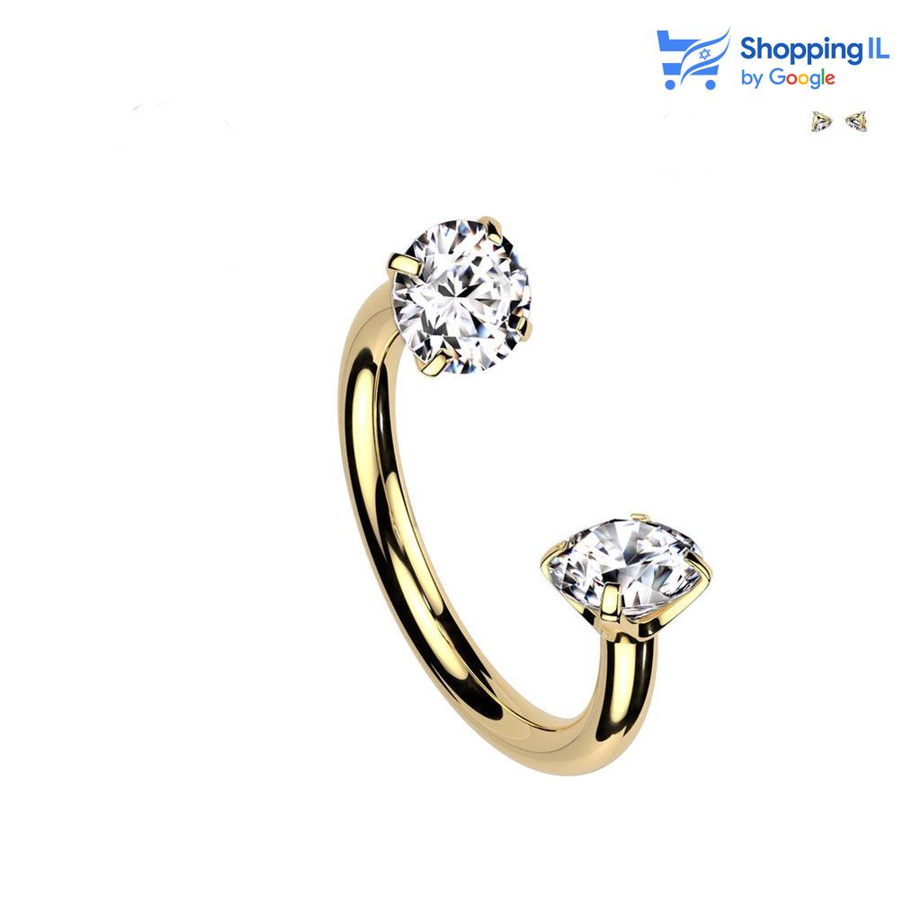 זירקון כפול - עשוי טיטניום TITANIUM 6AL-4V-ELI ASTM F-136. עגיל פרסה משובץ זוג אבני זירקון עם הברגה פנימית. צבע - כסף, זהב מידה - מגיע בעובי 1.2 מ"מ ובאורך 8 מ"מ קוטר סוגרים - אורך 8 מ"מ סוגרים בקוטר 3 מ"מ  העגיל מיועד בעיקר לאזורים הבאים: - פירסינג ספטום - פירסינג הליקס - פירסינג טראגוס - כמובן שניתן לענוד את העגיל גם באזורים אחרים (: