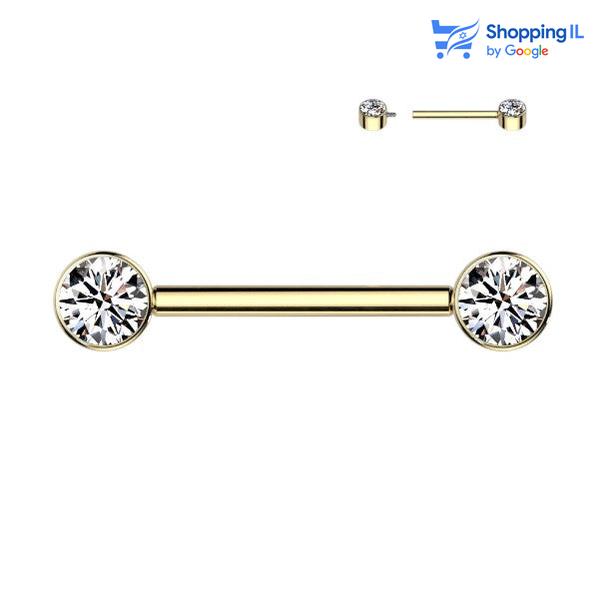 עגיל לפיטמה טיטניום זהב - עגיל לפיטמה קלאסי עשוי טיטניום TITANIUM 6AL-4V-ELI ASTM F-136. עגיל בעיצוב קלאסי עם סגירת הברגה פנימית ומשובץ זוג אבני זירקון. צבע - זהב מידה - מגיע בעובי 1.6 מ"מ ובאורך 12מ"מ | קוטר סוגר 5 מ"מ  העגיל מיועד בעיקר לאזורים הבאים: - פירסינג בפיטמה