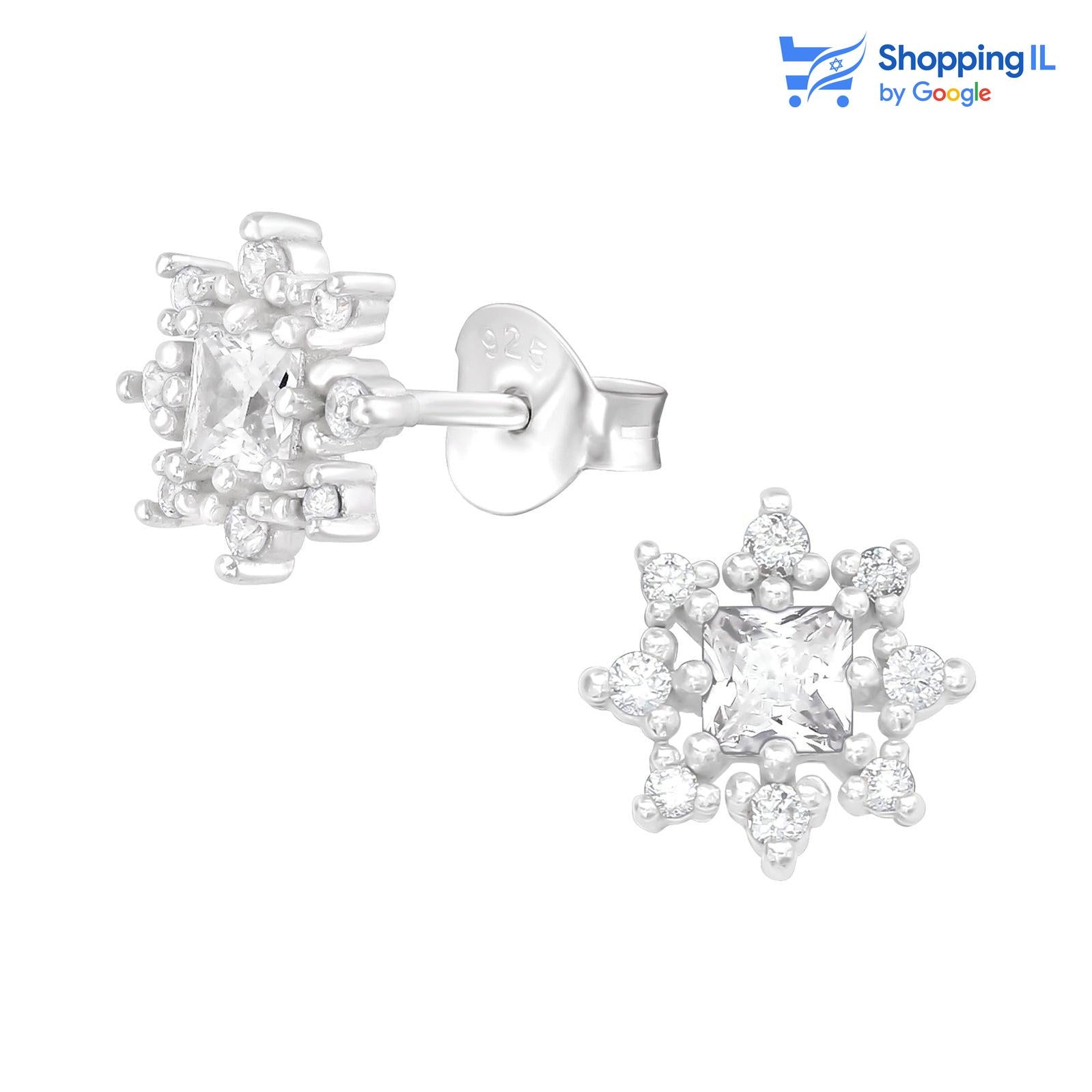 זוג עגילי שמש זירקון - עשויים מכסף סטרלינג 925 . זוג עגילים צמודים לתנוך האוזן משובצים באבן זירקון מרובעת וקרני זירקונים מסביבה. צבע- קליר. מידה - מגיע בעובי של 0.8 וקטור השמש 7 מ"מ.  העגילים מיועדים בעיקר לאזורים הבאים: - תנוך