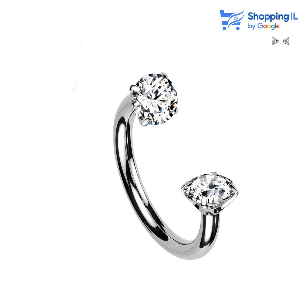 זירקון כפול - עשוי טיטניום TITANIUM 6AL-4V-ELI ASTM F-136. עגיל פרסה משובץ זוג אבני זירקון עם הברגה פנימית. צבע - כסף, זהב מידה - מגיע בעובי 1.2 מ"מ ובאורך 8 מ"מ קוטר סוגרים - אורך 8 מ"מ סוגרים בקוטר 3 מ"מ  העגיל מיועד בעיקר לאזורים הבאים: - פירסינג ספטום - פירסינג הליקס - פירסינג טראגוס - כמובן שניתן לענוד את העגיל גם באזורים אחרים (: