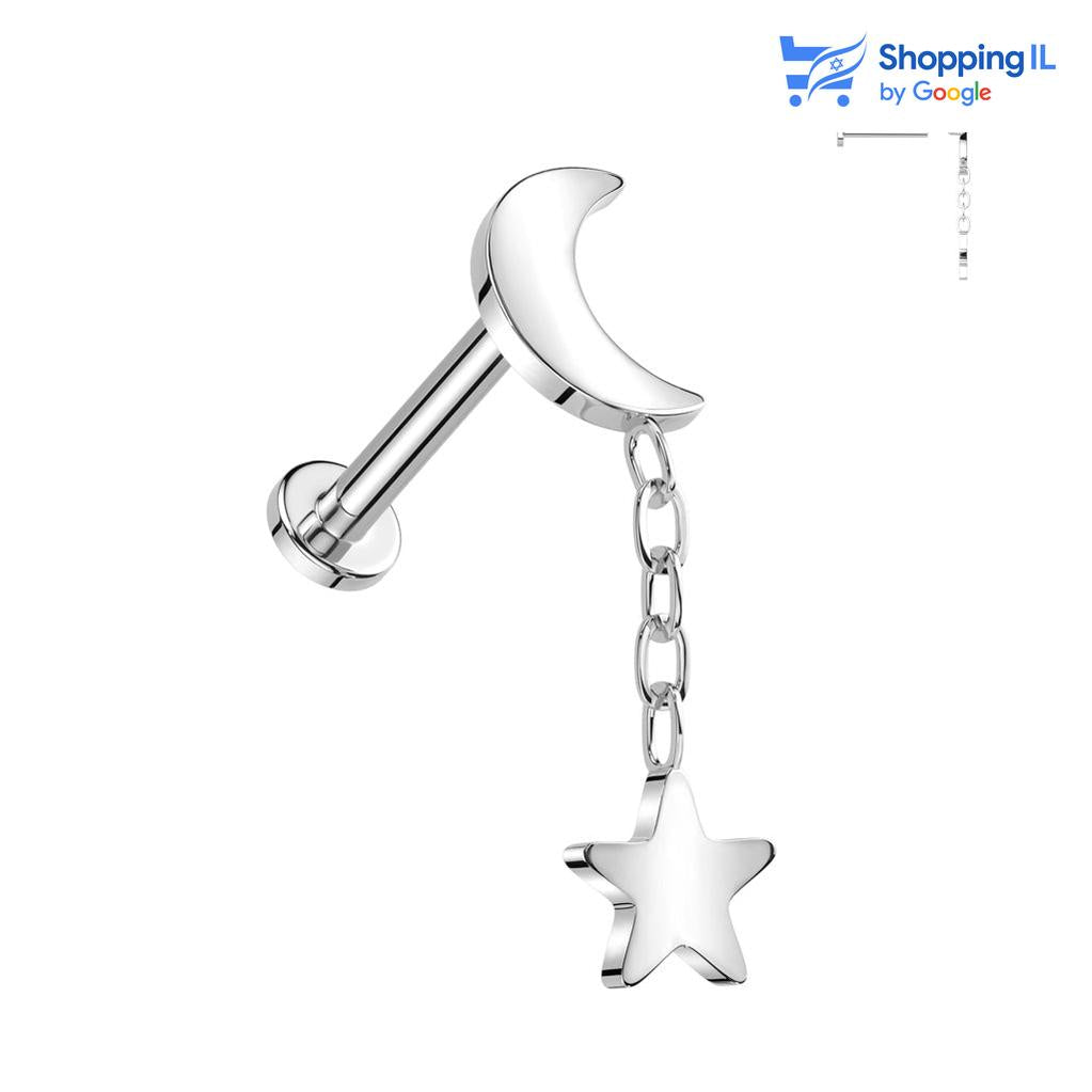 עגיל ירח וכוכב טיטניום- עגיל לברט עשוי טיטניום TITANIUM 6AL-4V-ELI ASTM F-136. עגיל מיוחד במינו בעיצוב ירח  וכוכב תלוי בשרשרת בעל הברגה פנימית. צבע - כסף,  מידה - מגיע בעובי של 1.2 מ"מ ובאורך 6 מ"מ  העגיל מיועד בעיקר לאזורים הבאים: - פירסינג פלאט - פירסינג הליקס - כמובן שניתן לענוד את העגיל גם באזורים אחרים (: