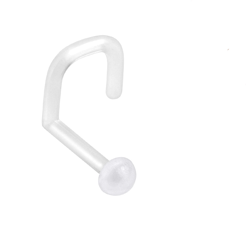 עגיל אף שקוף וגמיש מביופלקס (Bioflex Retainer) בעיצוב וו, על רקע לבן
