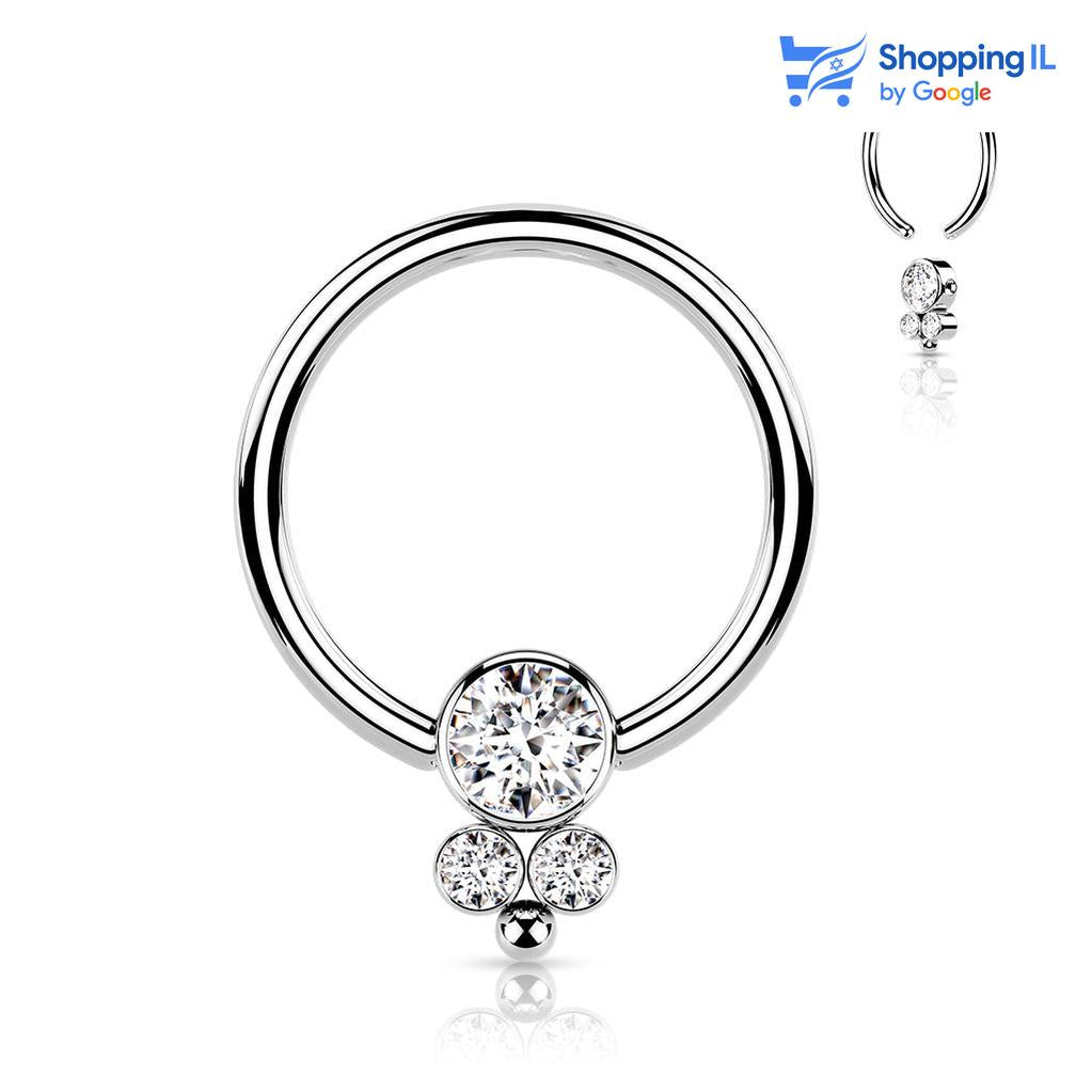 חישוק שואו- חישוק לחץ מתכת רפואית. .העגיל בעיצוב עגיל לחץ עם סוגר בעל שלושה אבני זירקון . צבע - כסוף מידה - מגיע בעובי של 1 מ"מ ובקוטר 8 מ"מ  העגיל מיועד בעיקר לאזורים הבאים: - פירסינג הליקס  - פירסינג ספטום - כמובן שניתן לענוד את העגיל גם באזורים אחרים (: