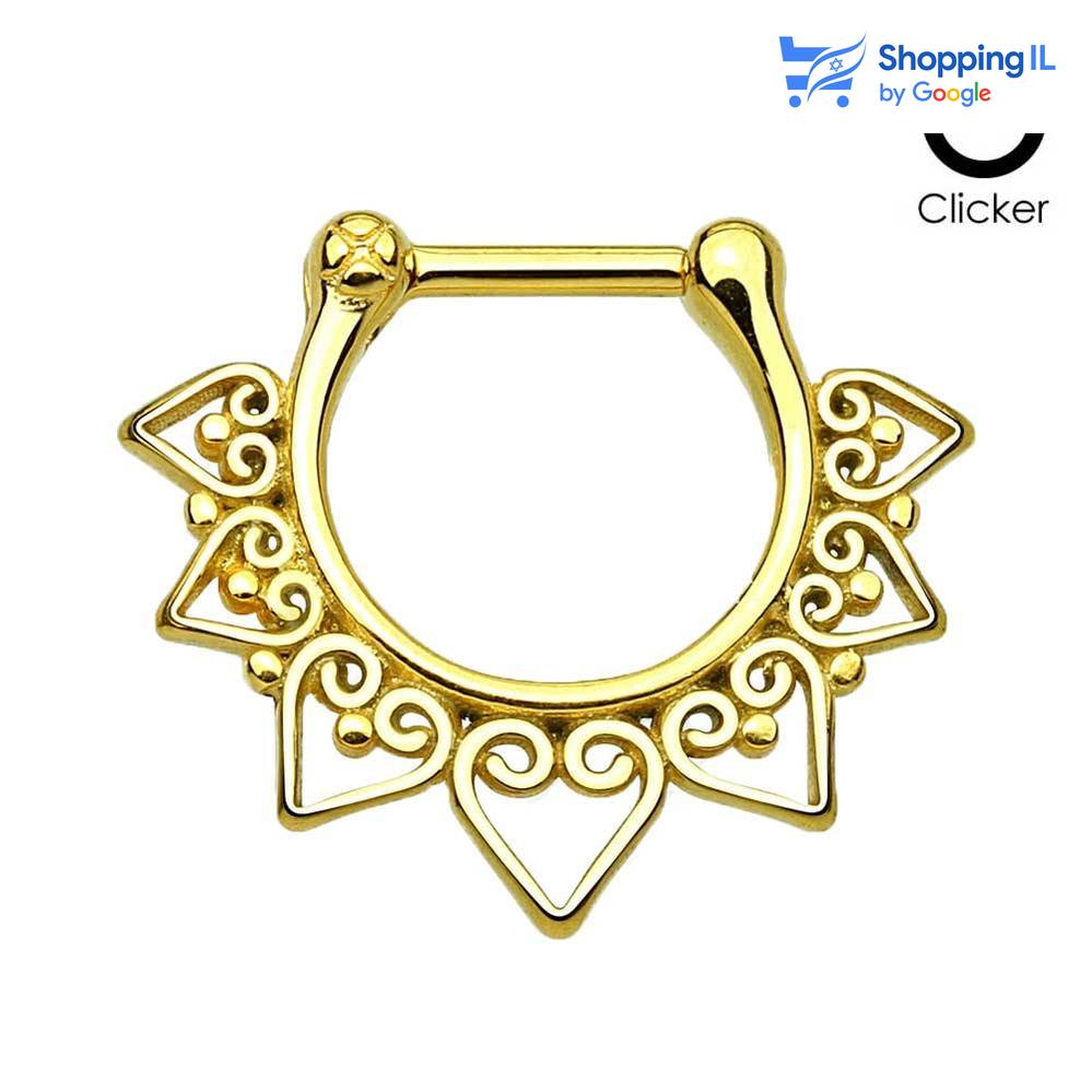 חישוק טריבל יגאן - חישוק טריבל יגאן עשוי מתכת רפואית בעלת סגירת קליקר. העגיל בעיצוב חישוק קליקר מוקף לבבות. צבע - שחור, זהב, כסף מידה - מגיע בעובי של 1.2 מ"מ  העגיל מיועד בעיקר לאזורים הבאים: - פירסינג דיית' - פירסינג ספטום - כמובן שניתן לענוד את העגיל גם באזורים אחרים (: