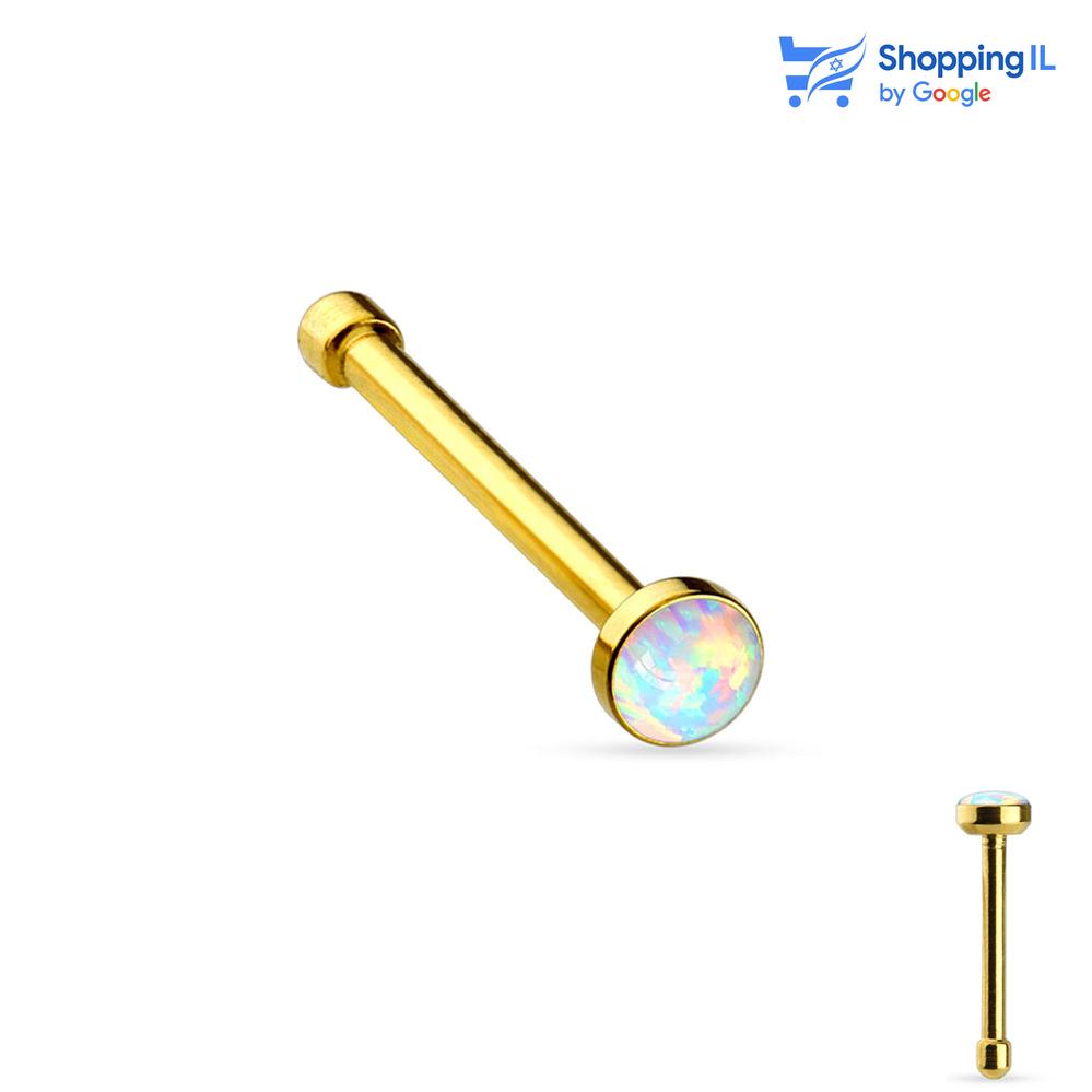 עגיל נזם אופל- עשוי מתכת רפואית. העגיל בעיצוב מוט נזם משובץ אבן אופל בקוטר 2.5 מ"מ. צבע - כחול, זהב מידה - מגיע בעובי של 0.8 מ"מ ובאורך 6 מ"מ  העגיל מיועד בעיקר לאזורים הבאים: - פירסינג נזם