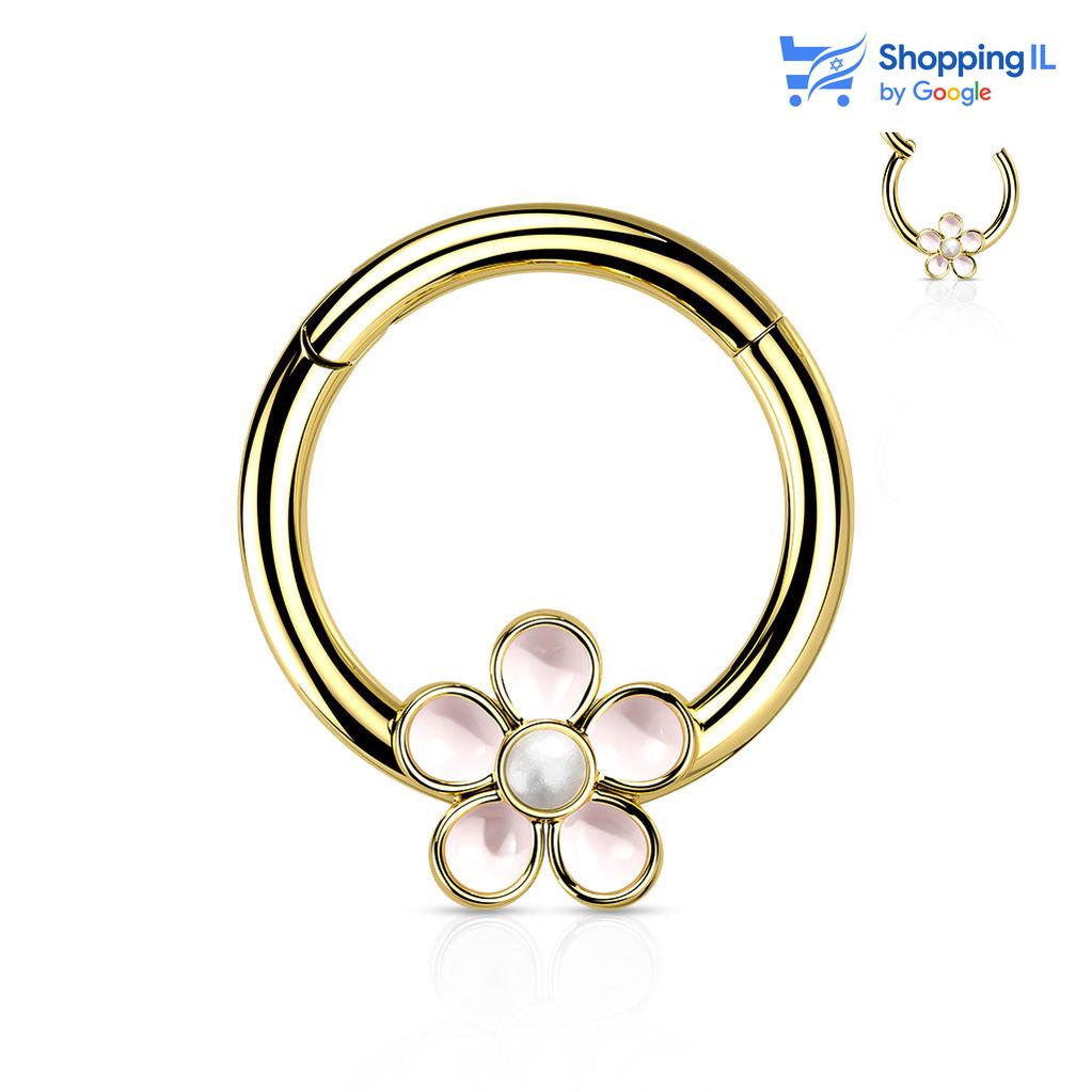 חישוק חרצית - עגיל חישוק עם סיגרת קליקר עשוי מתכת רפואית. העגיל בעיצוב חישוק קליקר עם פרח אמייל במרכז צבע- כסף, זהב מידה - מגיע בעובי של 1.2 מ"מ ובקוטר 8 מ"מ  העגיל מיועד בעיקר לאזורים הבאים: - פירסינג ספטום - פירסינג הליקס