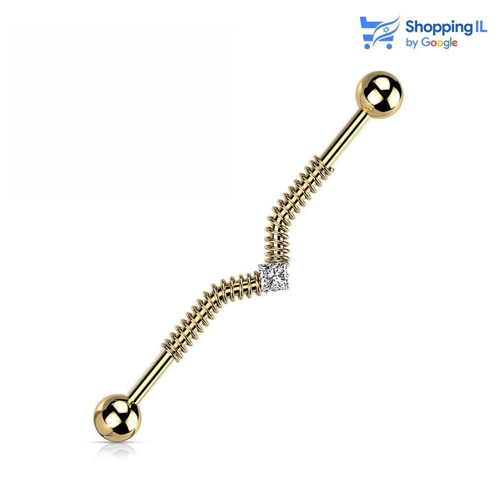 אינדסטריאל ספייק - עשוי מתכת רפואית. העגיל בעיצוב אינדסטריאל משובץ אבן קריסטל מרובעת במרכז עם זוג קפיצים מושחלים למראה ייחודי. צבע- זהב, שחור, כסף מידה - מגיע בעובי 1.6 מ"מ ובאורך 38 מ"מ קוטר סוגר - 5 מ"מ  העגיל מיועד בעיקר לאזורים הבאים: - פירסינג אינדסטריאל 