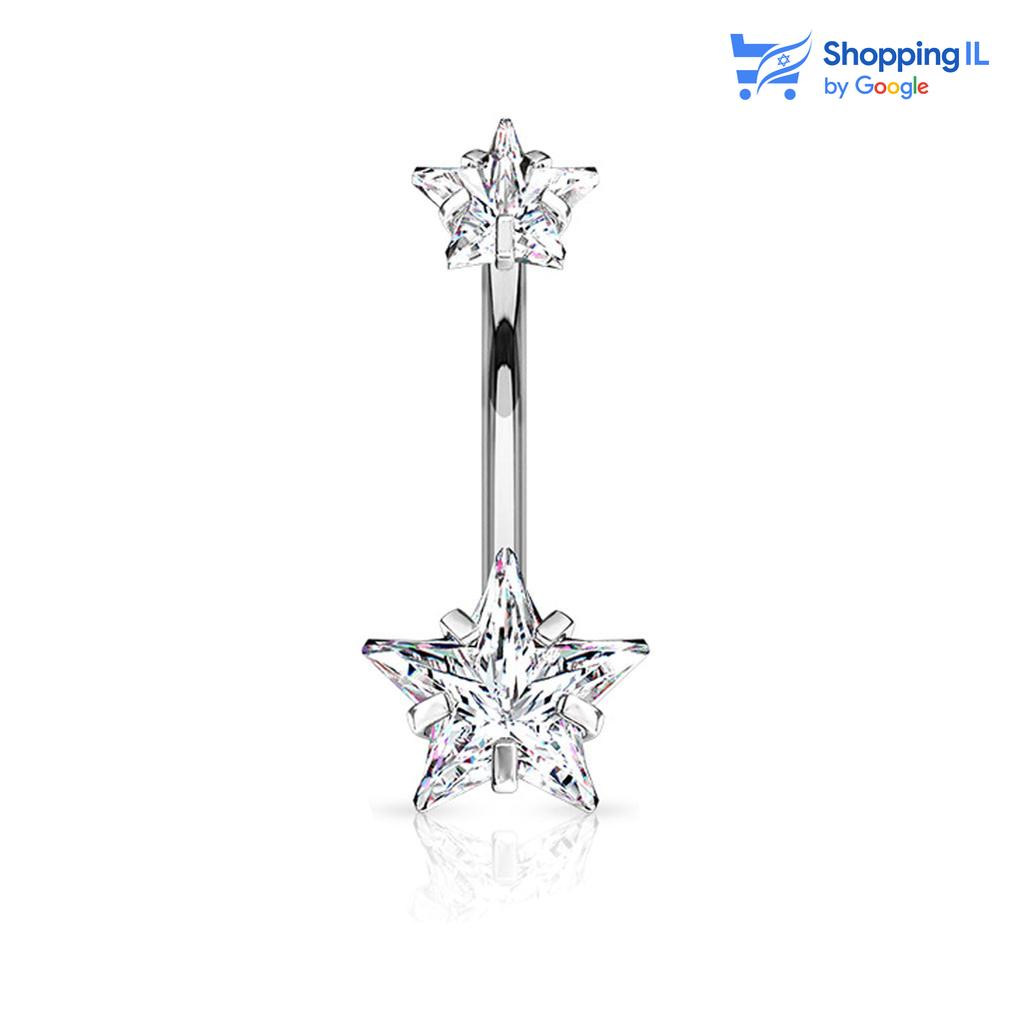 סופרסטאר- עגיל לטבור עשוי מתכת רפואית בעלת הברגה פנימית. העגיל בעיצוב מוט בננה מצופה "PVD"  ומשובץ זוג זירקונים בעיצוב כוכבים. צבע- זהב , כסף מידה - מגיע בעובי של 1.6 מ"מ ובאורך 10 מ"מ מידת סוגרים - 8 & 5 מ"מ  העגיל מיועד בעיקר לאזורים הבאים: - פירסינג בטבור