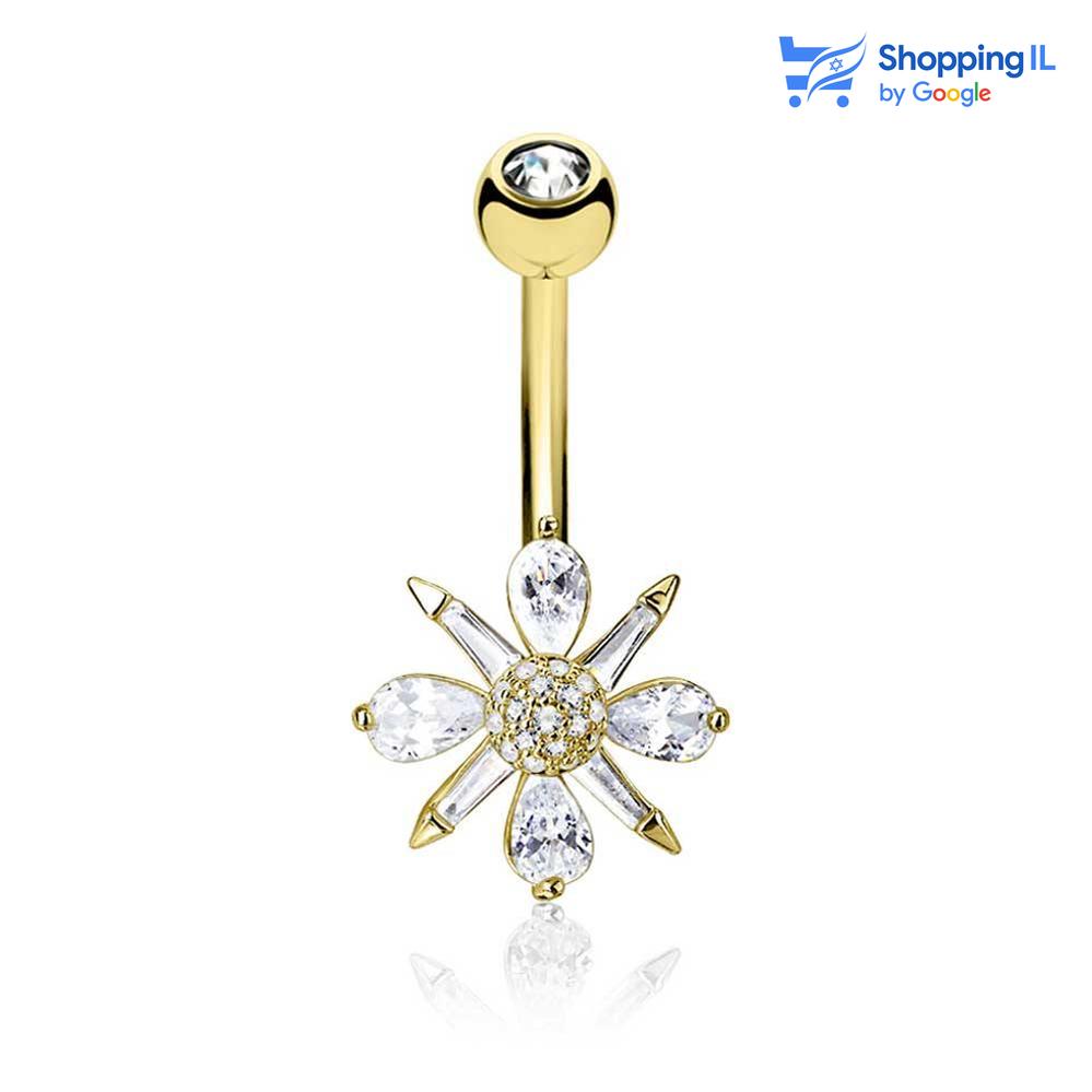 עגיל לטבור בלום מצופה זהב - עשוי מתכת רפואית מצופה זהב 14K. העגיל בעיצוב פרח משובץ זירקונים בסגנון פרח,  מקולקציית - הגינה של לאבאס. מצופה - זהב, זהב רוז מידה - מגיע בעובי של 1.6 מ"מ ובאורך 10 מ"מ קוטר סוגר - 5 מ"מ  העגיל מיועד בעיקר לאזורים הבאים: - פירסינג בטבור