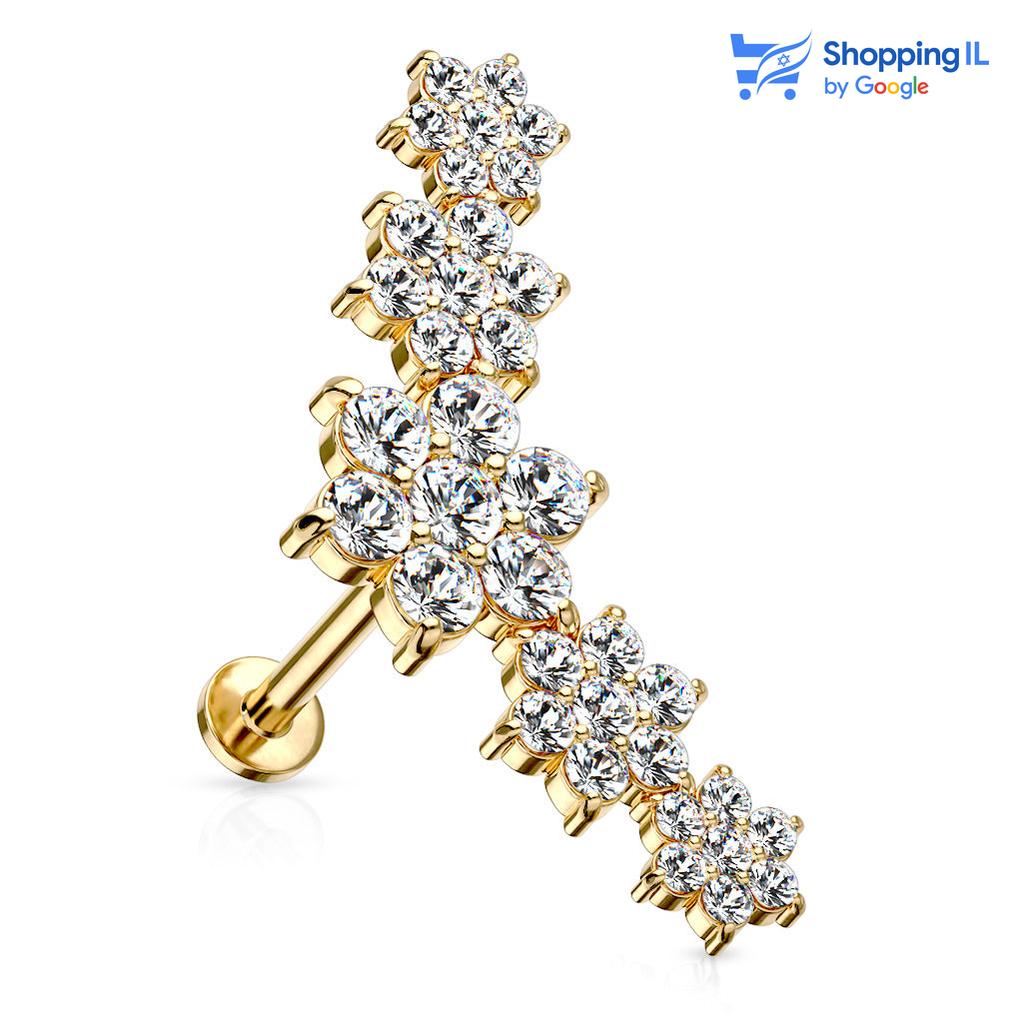 עגיל Crystal Moon- עשוי מתכת רפואית מצופה זהב 14 קראט ובעלת הברגה פנימית. עגיל מצופה זהב 14 קראט בצורת ירח ומשובץ כולו בזירקונים. צבע - זהב מידה - מגיע בעובי של 1.2 מ"מ ובאורך 6 מ"מ  העגיל מיועד בעיקר לאזורים הבאים: -פירסינג קונץ' - פירסינג הליקס - כמובן שניתן לענוד את העגיל גם באזורים אחרים (: