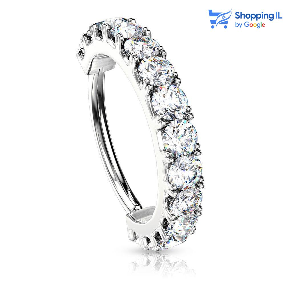  פלטיניום, סגירת החישוק מתבצעת בעזרת כיפוף. חישוק נזם עדין לקלאסי המשובץ בסט של 14 אבני זירקון קטנים  צבע - זהב, כסף מידה - מגיע בעובי של 0.8  מ"מ ובקוטר 8 מ"מ  העגיל מיועד בעיקר לאזורים הבאים: - פירסינג נזם - הליקס דק שנעשה בעזרת אקדח - רוק פירסינג - כמובן שניתן לענוד את העגיל גם באזורים אחרים (: