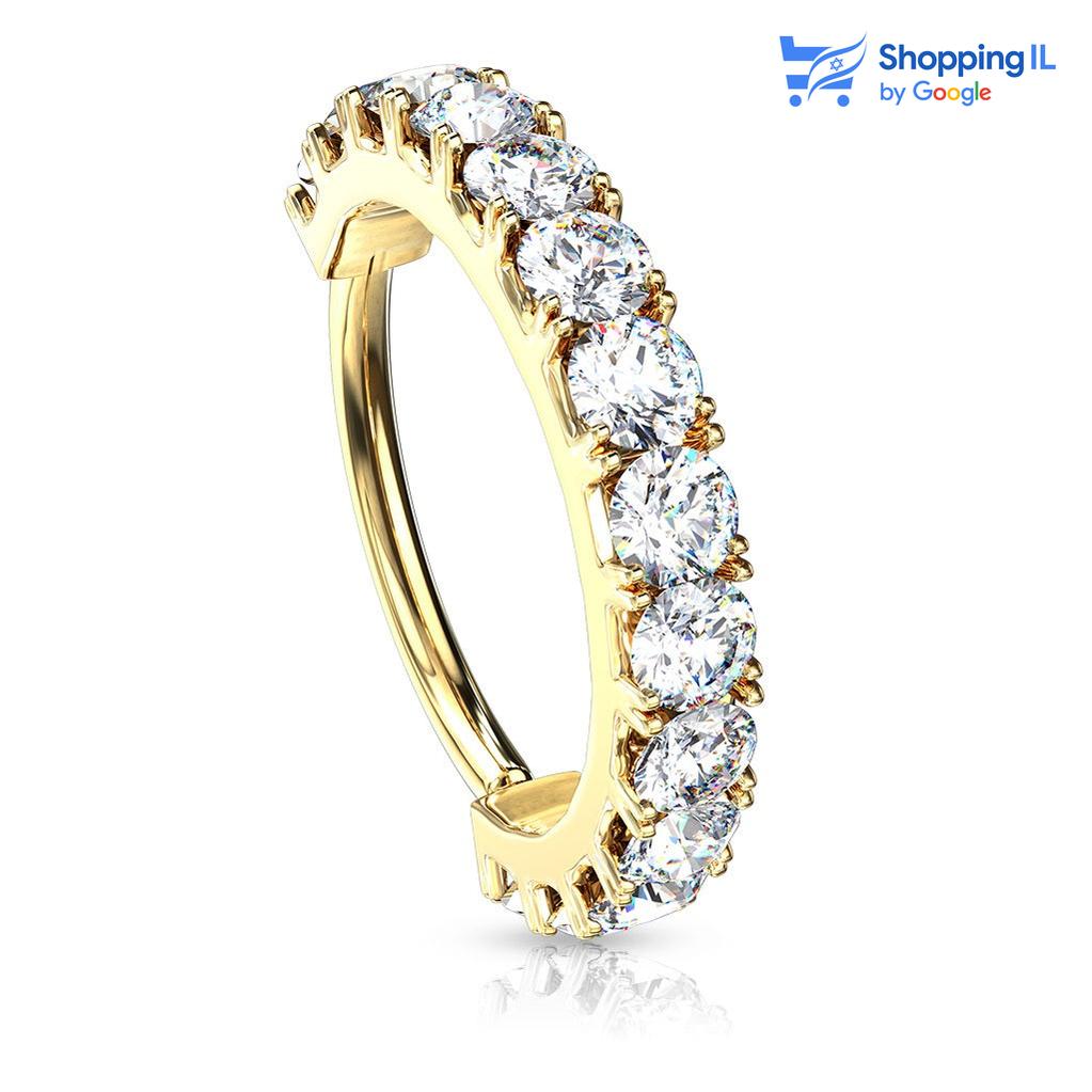 חישוק סט זירקונים - עגיל חישוק פתוח עשוי פליז מצופה זהב 14 קראט / פלטיניום, סגירת החישוק מתבצעת בעזרת כיפוף. חישוק נזם עדין לקלאסי המשובץ בסט של 14 אבני זירקון קטנים  צבע - זהב, כסף מידה - מגיע בעובי של 0.8  מ"מ ובקוטר 8 מ"מ  העגיל מיועד בעיקר לאזורים הבאים: - פירסינג נזם - הליקס דק שנעשה בעזרת אקדח - רוק פירסינג - כמובן שניתן לענוד את העגיל גם באזורים אחרים (: