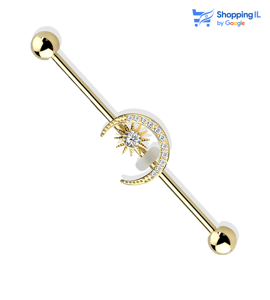 אינדסטריאל ירח ושמש מצופה זהב - עשוי מתכת רפואית מצופה זהב. העגיל בעיצוב ירח ושמש משובצים אבני זירקון. מצופה - זהב 14 קראט מידה - מגיע בעובי 1.6 מ"מ ובאורך 38 מ"מ קוטר סוגר - 5 מ"מ  העגיל מיועד בעיקר לאזורים הבאים: - פירסינג אינדסטריאל 