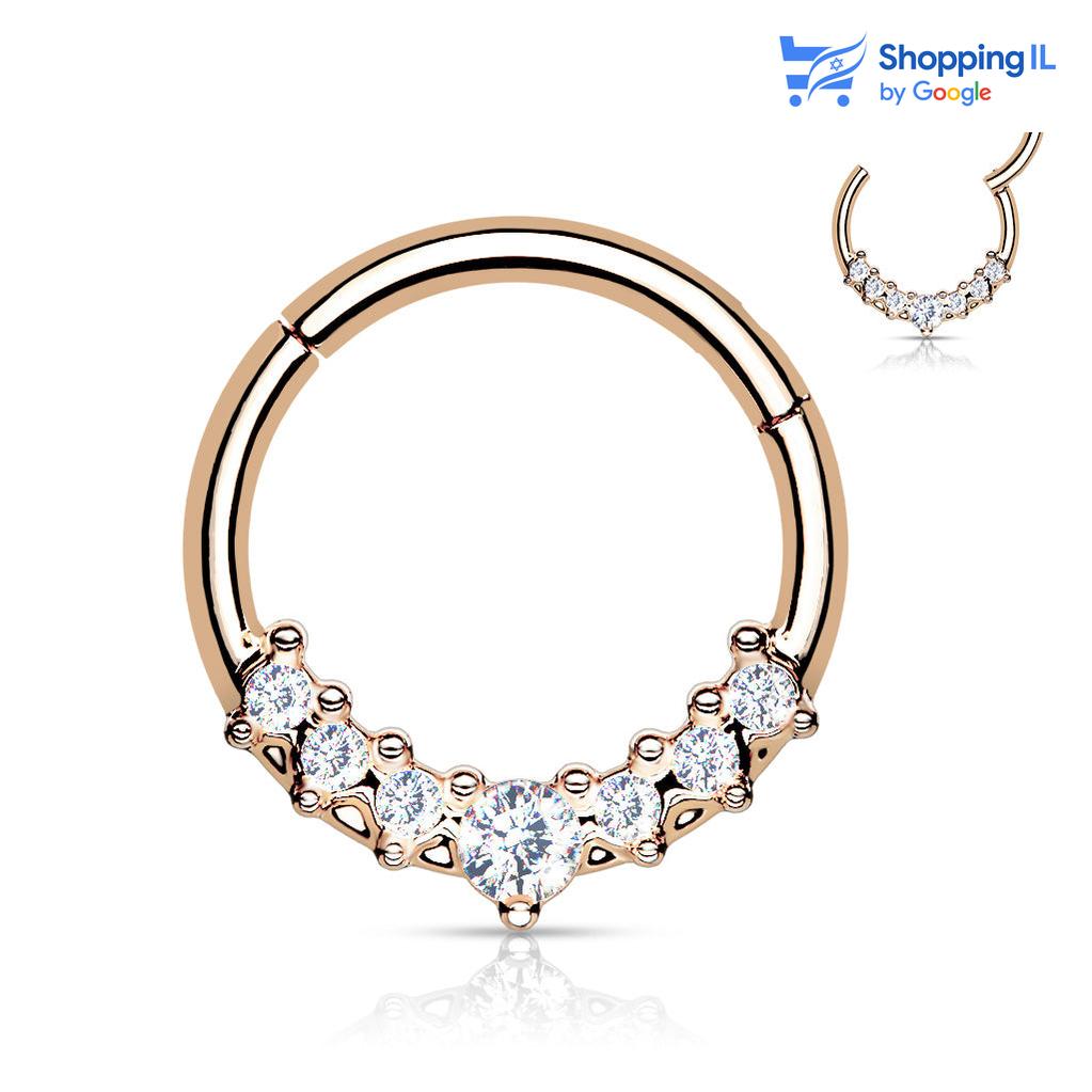 חישוק תג- עגיל חישוק עשוי מתכת רפואית עם סגירת קליקר. העגיל בעיצוב חישוק בצבע כסוף ומשובץ זירקונים בסגנון מלכותי. צבע -כסף, זהב רוז מידה - מגיע בעובי של 1.2 מ"מ ובקוטר 8 מ"מ  העגיל מיועד בעיקר לאזורים הבאים: - פירסינג הליקס - פירסינג ספטום - כמובן שניתן לענוד את העגיל גם באזורים אחרים (: