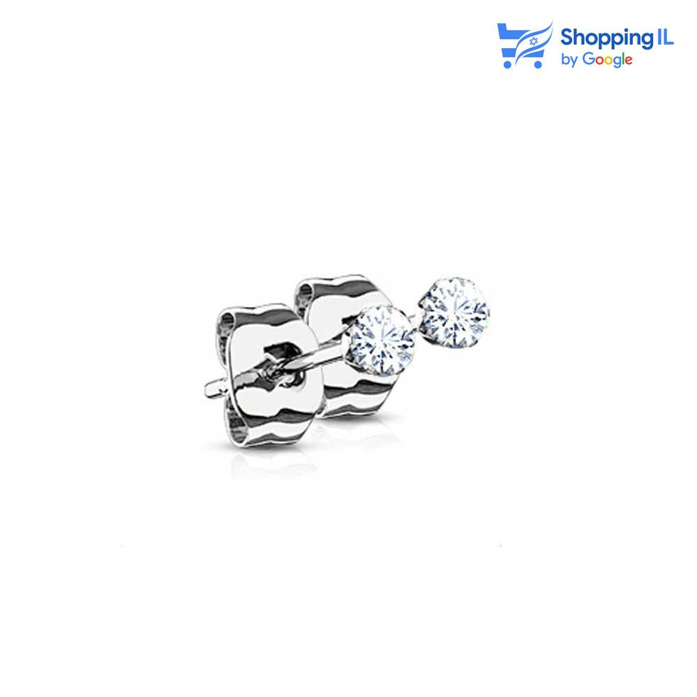  זוג זוג עגילי "יהלום" -  עשויים מתכת רפואית. זוג עגילים צמודים משובצים אבן זירקון בסגנון יהלום. צבע - כסוף מידה - מגיע בעובי של 0.8 וקוטר זירקון 2/3/4/5  העגילים מיועדים בעיקר לאזורים הבאים: - תנוך עגילי יהלום - עגילים לגברים - יהלום עגול