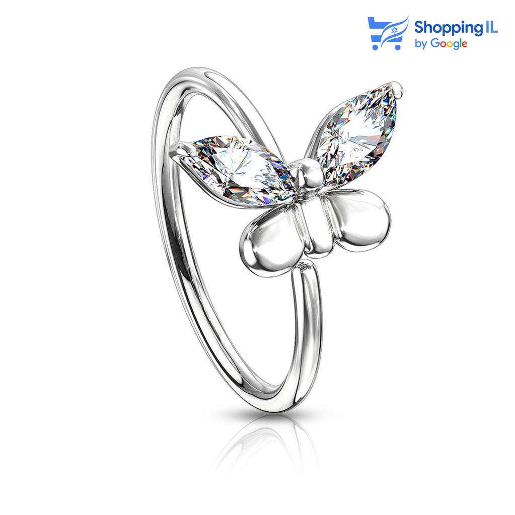 חישוק נזם פרפר -עגיל חישוק פתוח עשוי פליז מצופה ברודיום, סגירת החישוק מתבצעת בעזרת כיפוף. העגיל בעיצוב פרפר משובץ זוג אבני זירקון בכנפיים. צבע - זהב, כסף מידה - מגיע בעובי של 0.8  מ"מ ובקוטר 8 מ"מ  העגיל מיועד בעיקר לאזורים הבאים: - פירסינג נזם - הליקס דק שנעשה בעזרת אקדח