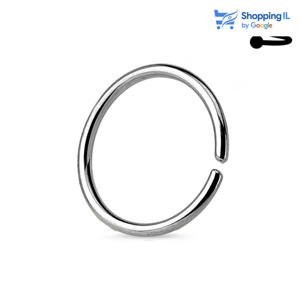 חישוק נזם קלאסי - עגיל חישוק פתוח עשוי טיטניום, סגירת החישוק מתבצעת בעזרת כיפוף. העגיל בעיצוב נזם קלאסי. צבע - כסוף, זהב מידה - מגיע בעובי של 0.8/1 מ"מ ובקוטר 6-8 מ"מ  העגיל מיועד בעיקר לאזורים הבאים: - פירסינג נזם - הליקס שנעשה בעזרת אקדח - כמובן שניתן לענוד את העגיל גם באזורים אחרים (: