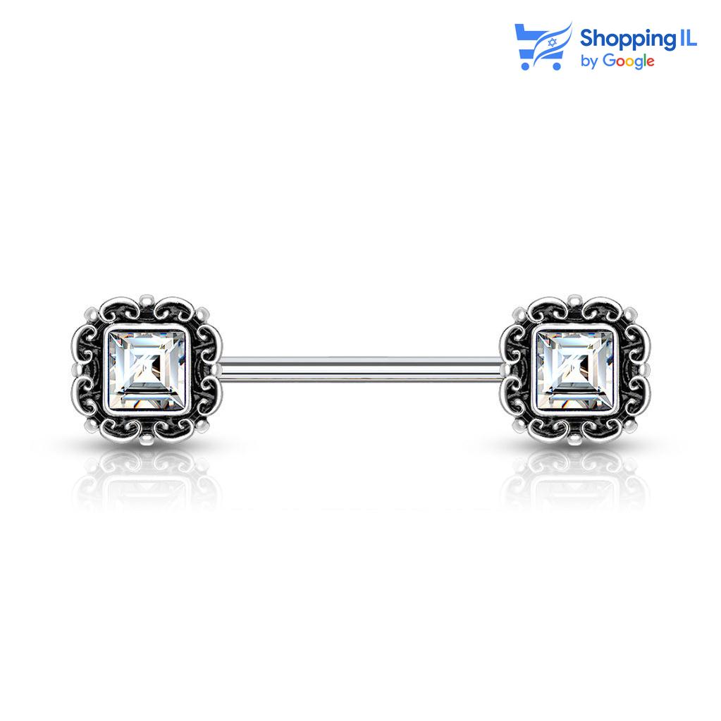 עגיל לפיטמה צ'יצ'ן- עשוי מתכת רפואית. העגיל בעיצוב זירקון מרובע משובץ בכסף עתיק. צבע - כסף עתיק מידה - מגיע בעובי 1.6 מ"מ ובאורך 14 מ"מ  העגיל מיועד בעיקר לאזורים הבאים: - פירסינג בפיטמה