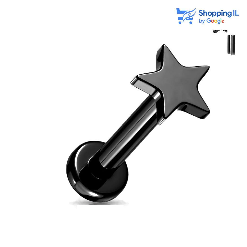 עגיל כוכב טיטניום- עגיל לברט עשוי טיטניום TITANIUM 6AL-4V-ELI ASTM F-136. העגיל בעיצוב כוכב קטן בעל הברגה פנימית. צבע - כסף, שחור זהב בציפוי PVD. מידה - מגיע בעובי של 1.2 מ"מ ובאורך 6 מ"מ  העגיל מיועד בעיקר לאזורים הבאים: - פירסינג קונץ' - פירסינג הליקס - פירסינג פלאט - פירסינג טראגוס