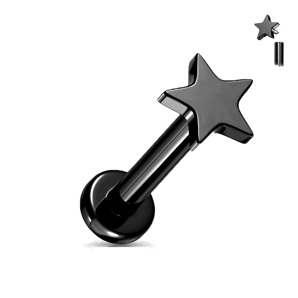 עגיל כוכב טיטניום- עגיל לברט עשוי טיטניום TITANIUM 6AL-4V-ELI ASTM F-136. העגיל בעיצוב כוכב קטן בעל הברגה פנימית. צבע - כסף, שחור זהב בציפוי PVD. מידה - מגיע בעובי של 1.2 מ"מ ובאורך 6 מ"מ  העגיל מיועד בעיקר לאזורים הבאים: - פירסינג קונץ' - פירסינג הליקס - פירסינג פלאט - פירסינג טראגוס