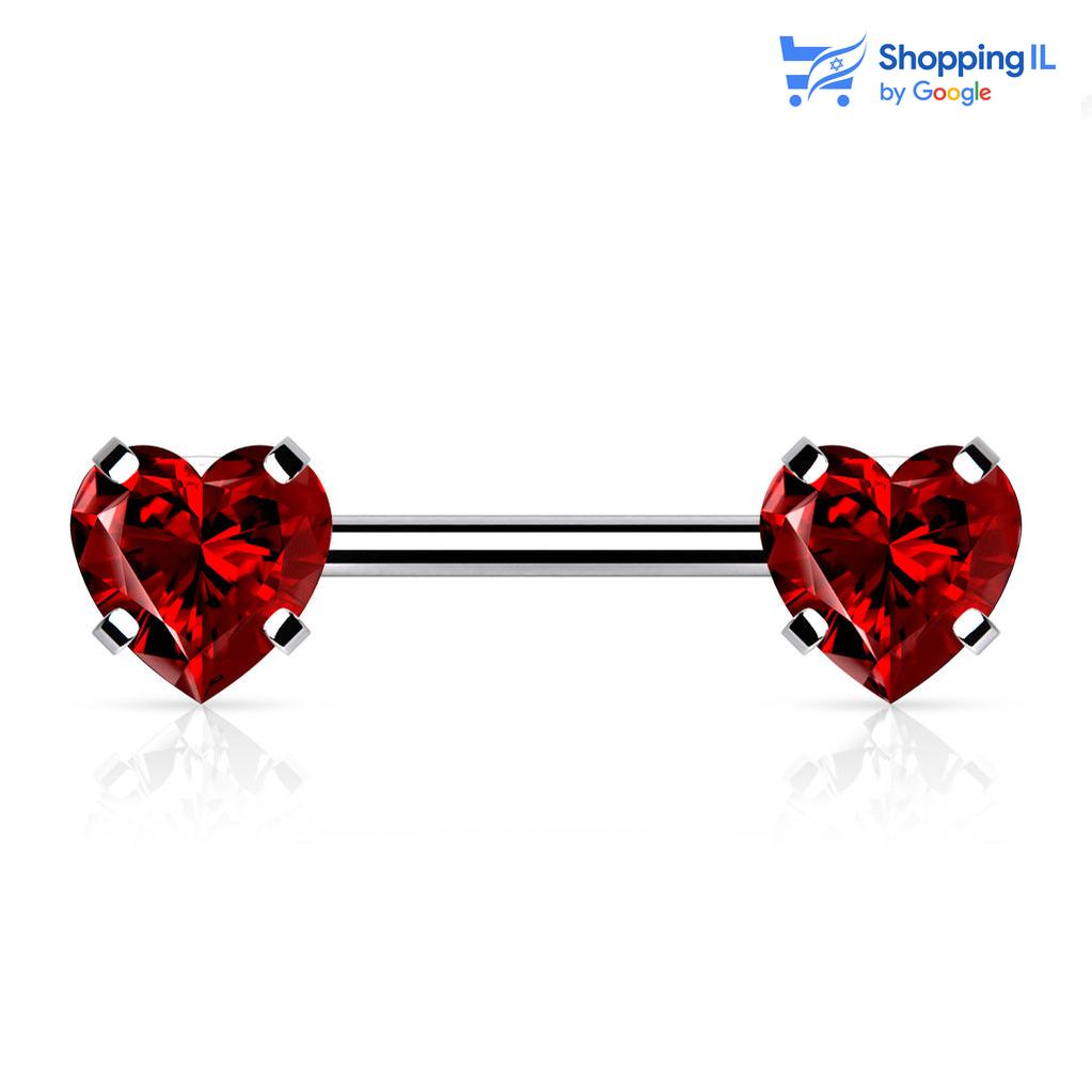 עגיל Double heart - עשוי מתכת רפואית, עם סגירת פוש. העגיל בעיצוב זוג לבבות אדומים עשויים זירקון. צבע - אדום מידה - מגיע בעובי 1.6 מ"מ ובאורך 12 מ"מ  העגיל מיועד בעיקר לאזורים הבאים: - פירסינג בפיטמה