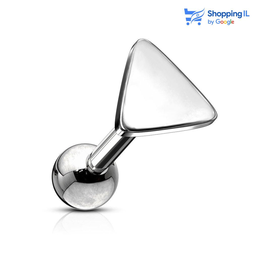 עגיל משולש - עשוי מתכת רפואית. העגיל בעיצוב משולש שטוח. צבע -שחור, כסוף, זהב מידה - מגיע בעובי של 1.2 מ"מ ובאורך 6 מ"מ קוטר סוגר - 4 מ"מ  העגיל מיועד בעיקר לאזורים הבאים: - פירסינג קונץ' - פירסינג הליקס - פירסינג פלאט  - פירסינג טראגוס