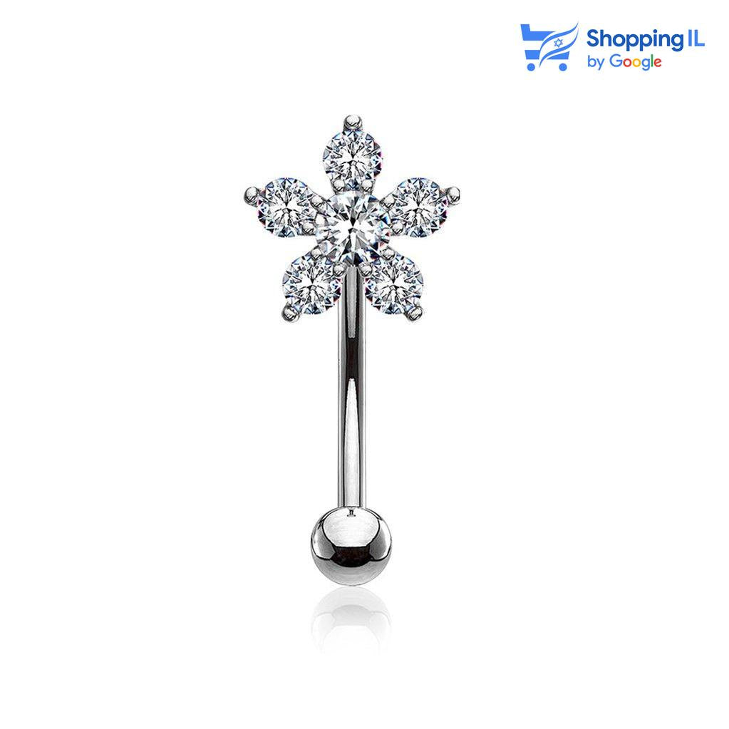 עגיל בננה פרח - עגיל בננה עשוי מתכת רפואית מצופה ברודיום. העגיל בסגנון עגיל בננה מעוטר בזירקונים בעיצוב פרח. צבע - כסוף מידה - מגיע בעובי של 1.2 מ"מ ובאורך 8 מ"מ קוטר סוגר - 3 מ"מ  העגיל מיועד בעיקר לאזורים הבאים: - פירסינג בגבה - פירסינג רוק - פירסינג בטבור (קצר ודק במידה מהסטנדרט) - כמובן שניתן לענוד את העגיל גם באזורים אחרים (: