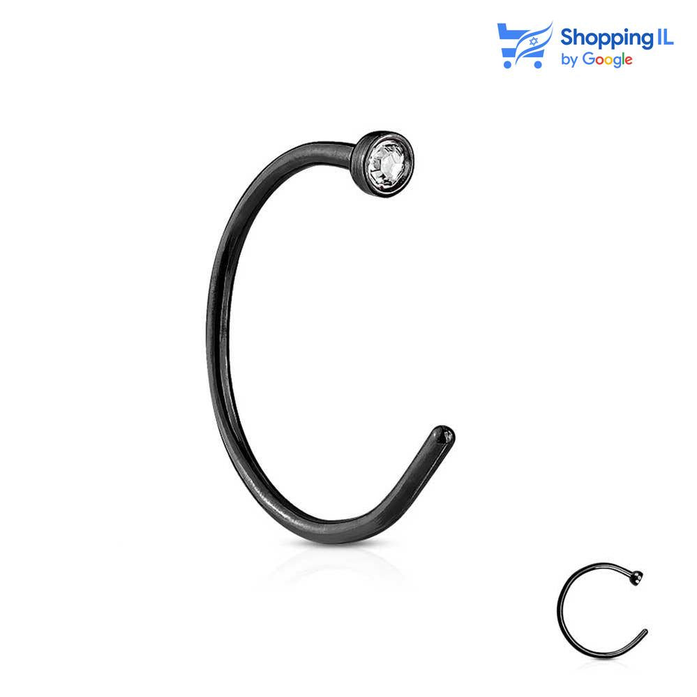 עגיל נזם חישוק עדין - חישוק עשוי מתכת רפואית. העגיל בעיצוב חישוק משובץ זירקון נקודה. צבע - שחור, כסף מידה - מגיע בעובי של 0.8 מ"מ ובאורך 8 מ"מ  העגיל מיועד בעיקר לאזורים הבאים: - פירסינג נזם