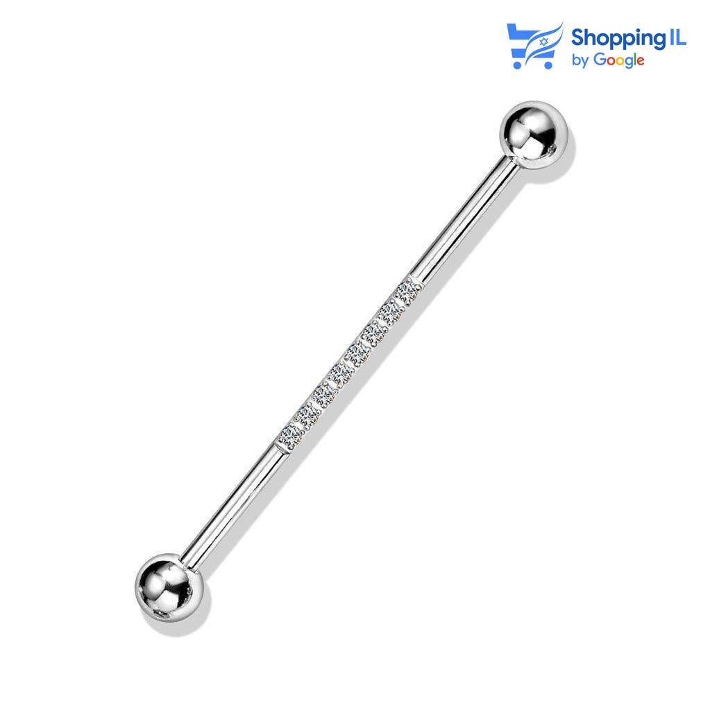 עגיל אינדסטריאל -  עגיל אינדסטריאל פשוט וקלאסי משובץ שמונה אבני זירקון במרכז העגיל. צבע - כסף, זהב, שחור מידה - מגיע בעובי 1.6 מ"מ ובאורך 38 מ"מ קוטר סוגר - 5 מ"מ  העגיל מיועד בעיקר לאזורים הבאים: - פירסינג אינדסטריאל 