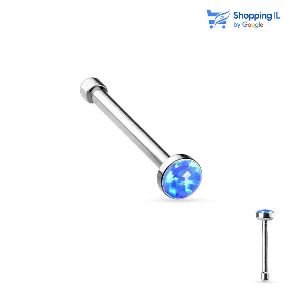 עגיל נזם אופל- עשוי מתכת רפואית. העגיל בעיצוב מוט נזם משובץ אבן אופל בקוטר 2.5 מ"מ. צבע - כחול, זהב מידה - מגיע בעובי של 0.8 מ"מ ובאורך 6 מ"מ  העגיל מיועד בעיקר לאזורים הבאים: - פירסינג נזם