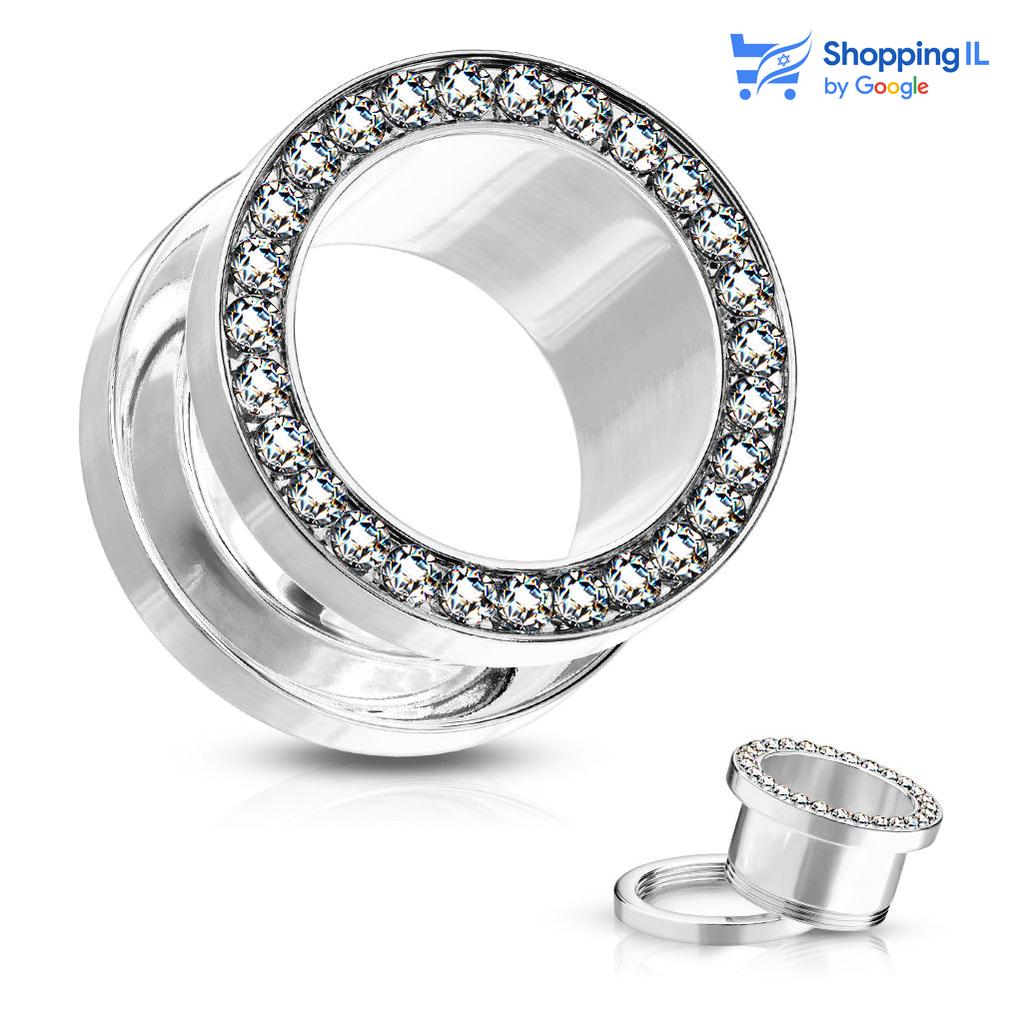 הרחבת רים - עשויה מתכת רפואית העגיל בעיצוב הרחבת הברגה חלולה מעוטרת בקריסטלים קטנים המקיפים אותה. צבע - כסף מידה - מגיע בקוטר 19 מ"מ