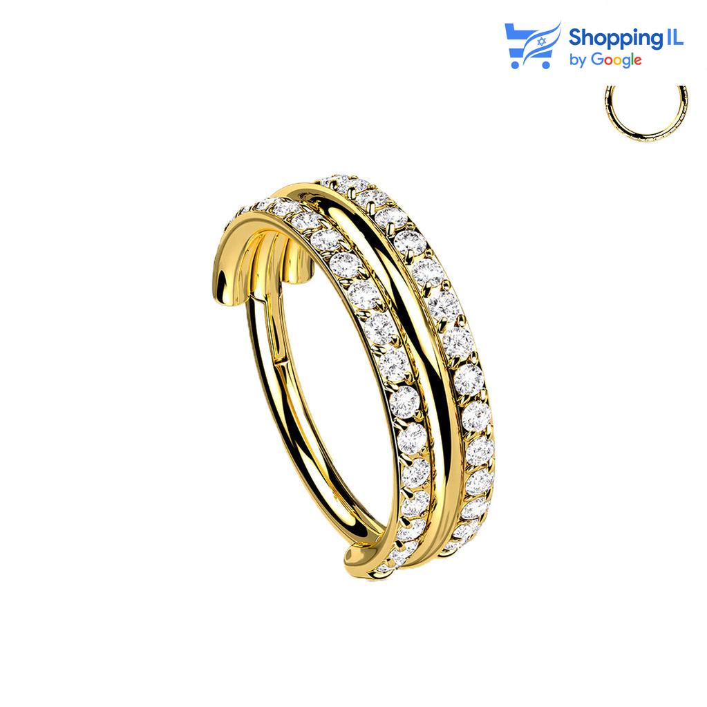 חישוק מירנדה טיטניום- חישוק מירנדה עשוי טיטניום עם סגירת קליקר. העגיל בעיצוב חישוק קליקר כפול ומשובץ באבני זירקון. צבע - זהב מידה - מגיע בעובי של 1.2 מ"מ ובקוטר 10 מ"מ  העגיל מיועד בעיקר לאזורים הבאים: - פירסינג הליקס - פירסינג דיית' - פירסינג ספטום - פירסינג בטבור - פירסינג קונץ' - כמובן שניתן לענוד את העגיל גם באזורים אחרים (: