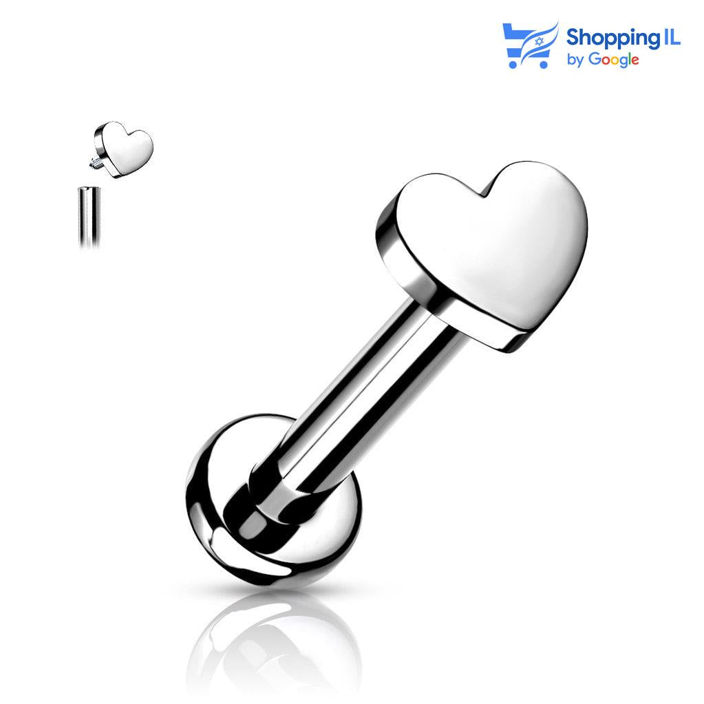 עגיל לב - עגיל לברט עשוי טיטניום TITANIUM 6AL-4V-ELI ASTM F-136. העגיל בעיצוב לב קטן ועדין בעל הברגה פנימית. צבע -כסוף כהה, שחור וזהב בציפוי PVD. מידה - מגיע בעובי של 1.2 מ"מ ובאורך 6 מ"מ  העגיל מיועד בעיקר לאזורים הבאים: - פירסינג לברט - פירסינג קונץ' - פירסינג הליקס - פירסינג טראגוס