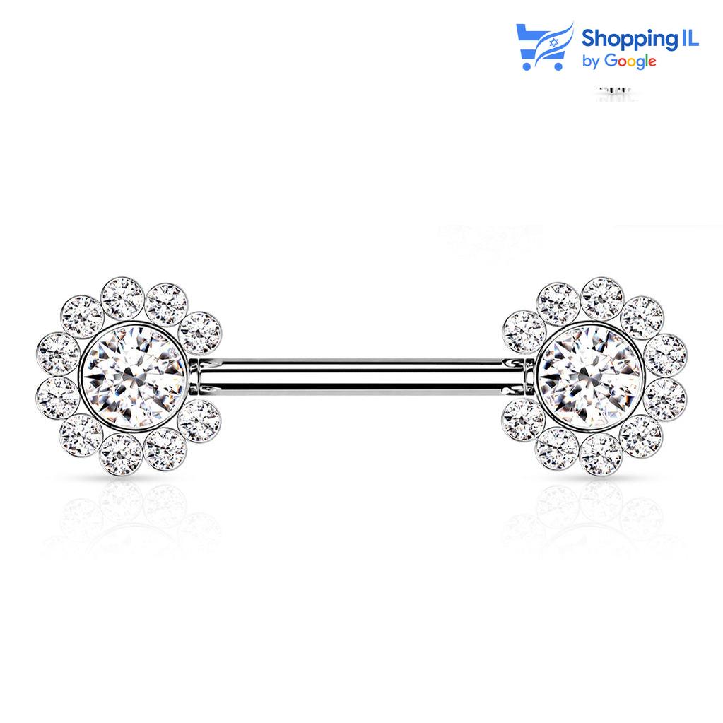 עגיל לפיטמה Crystal Sun - עשוי מתכת רפואית, עם סגירת פוש. העגיל בעיצוב שמש משובצת אבני זירקון בגדלים שונים. צבע - כסף מידה - מגיע בעובי 1.6 מ"מ ובאורך 14 מ"מ  העגיל מיועד בעיקר לאזורים הבאים: - פירסינג בפיטמה