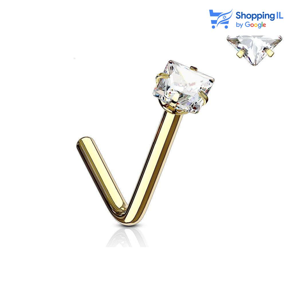 עגיל נזם בצ' - עשוי מתכת רפואית. העגיל בעיצוב מוט "L" משובץ אבן זירקון מרובעת בגודל 2.5 מ"מ. צבע - זהב מידה - מגיע בעובי של 0.8 מ"מ ובאורך 6 מ"מ  העגיל מיועד בעיקר לאזורים הבאים: - פירסינג נזם - כמובן שניתן לענוד את העגיל גם באזורים אחרים (: