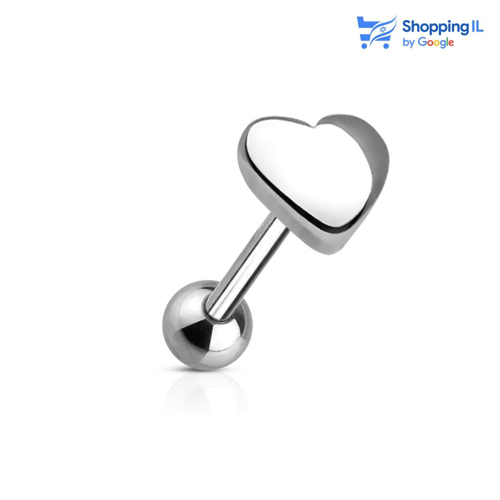 עגיל ללשון לב - עגיל ללשון עשוי מתכת רפואית. העגיל בעיצוב לב שטוח. צבע - כסוף מידה - מגיע בעובי של 1.6 מ"מ ובאורך 16 מ"מ  העגיל מיועד בעיקר לאזורים הבאים: - פירסינג בלשון - כמובן שניתן לענוד את העגיל גם באזורים אחרים (: