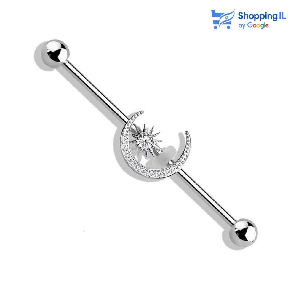 עגיל ירח ושמש   - עשוי מתכת רפואית מצופה רודיום. העגיל בעיצוב ירח ושמש משובצים אבני זירקון. צבע - כסוף מידה - מגיע בעובי 1.6 מ"מ ובאורך 38 מ"מ קוטר סוגר - 5 מ"מ  העגיל מיועד בעיקר לאזורים הבאים: - פירסינג אינדסטריאל 