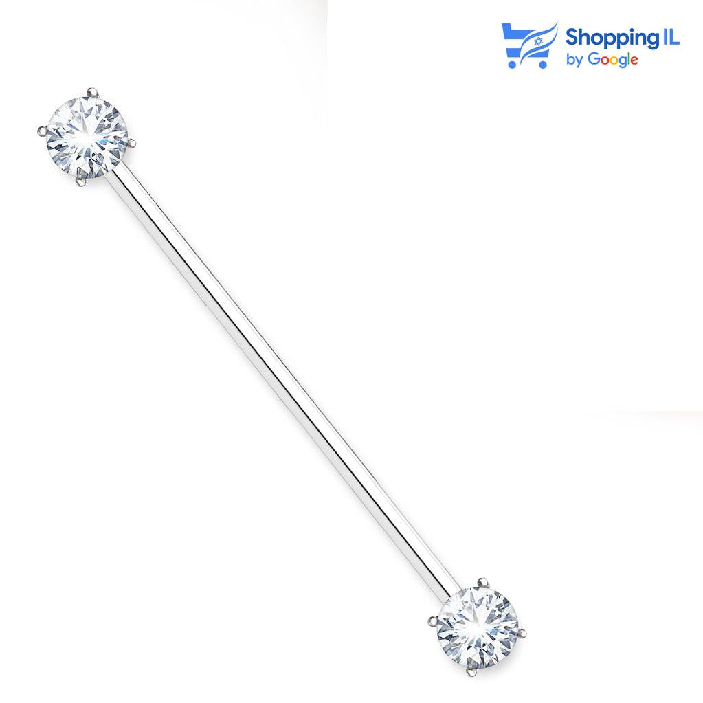 עגיל אינדסטריאל דאבל זירקון - עשוי מתכת רפואית מצופה רודיום. העגיל בעיצוב מוט ברבל משובץ זוג זירקונים פונים החוצה. צבע - כסף מידה - מגיע בעובי 1.6 מ"מ ובאורך 38 מ"מ | קוטר סוגר 7 מ"מ  העגיל מיועד בעיקר לאזורים הבאים: - פירסינג אינדסטריאל 