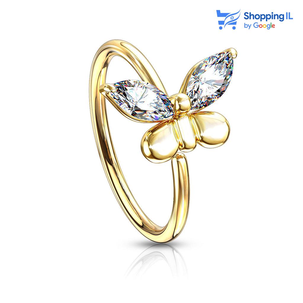 חישוק נזם פרפר -עגיל חישוק פתוח עשוי פליז מצופה ברודיום, סגירת החישוק מתבצעת בעזרת כיפוף. העגיל בעיצוב פרפר משובץ זוג אבני זירקון בכנפיים. צבע - זהב, כסף מידה - מגיע בעובי של 0.8  מ"מ ובקוטר 8 מ"מ  העגיל מיועד בעיקר לאזורים הבאים: - פירסינג נזם - הליקס דק שנעשה בעזרת אקדח