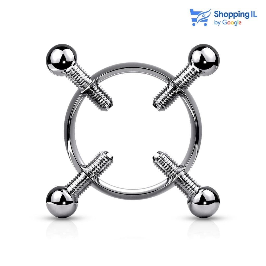 עגיל מזויף לפיטמה- עשוי מתכת רפואית. עגיל לפיטמה ללא צורך בנקב, העגיל נסגר ונפתח בעזרת הברגת הברגים מסביב לפיטמה. צבע - כסוף  #לא שגרתי  העגיל מיועד בעיקר לאזורים הבאים: -  פירסינג בפיטמה