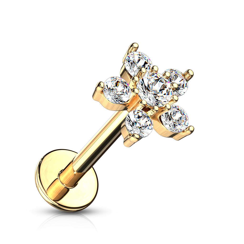 עגיל פרח מצופה זהב- עגיל פרח עשוי מתכת רפואית מצופה זהב 14K ובעלת הברגה פנימית. העגיל בעיצוב פרח משובץ זירקונים. צבע - זהב, זהב רוז מידה - מגיע בעובי של 1.2 מ"מ ובאורך 6 מ"מ  העגיל מיועד בעיקר לאזורים הבאים: - פירסינג קונץ' - פירסינג הליקס - פירסינג פלאט - פירסינג טראגוס - כמובן שניתן לענוד את העגיל גם באזורים אחרים (: