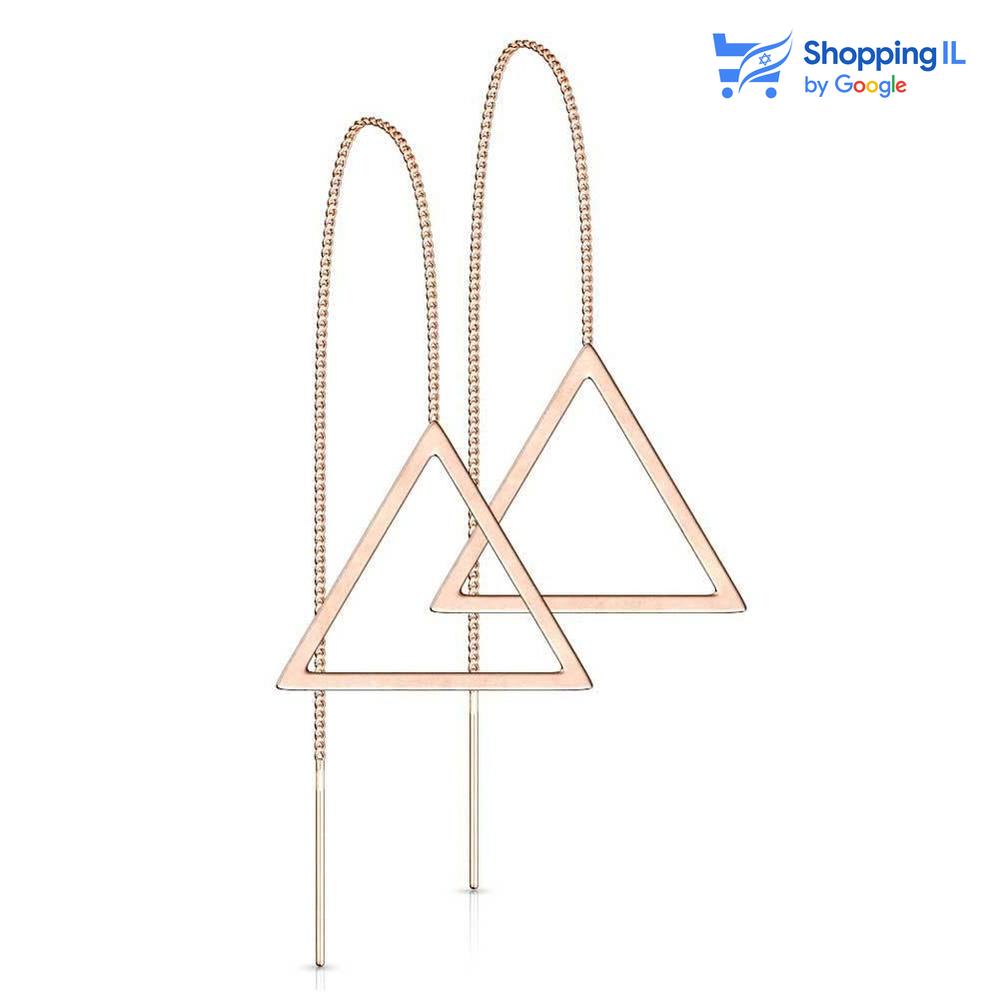 זוג משולשים מתנדנדים - עשויים מתכת רפואית. העגילים בעיצוב זוג משולשים תלויים בעזרת שרשרת. צבע - זהב רוז מידה - מגיע בעובי של 0.8  העגילים מיועדים בעיקר לאזורים הבאים: - תנוך