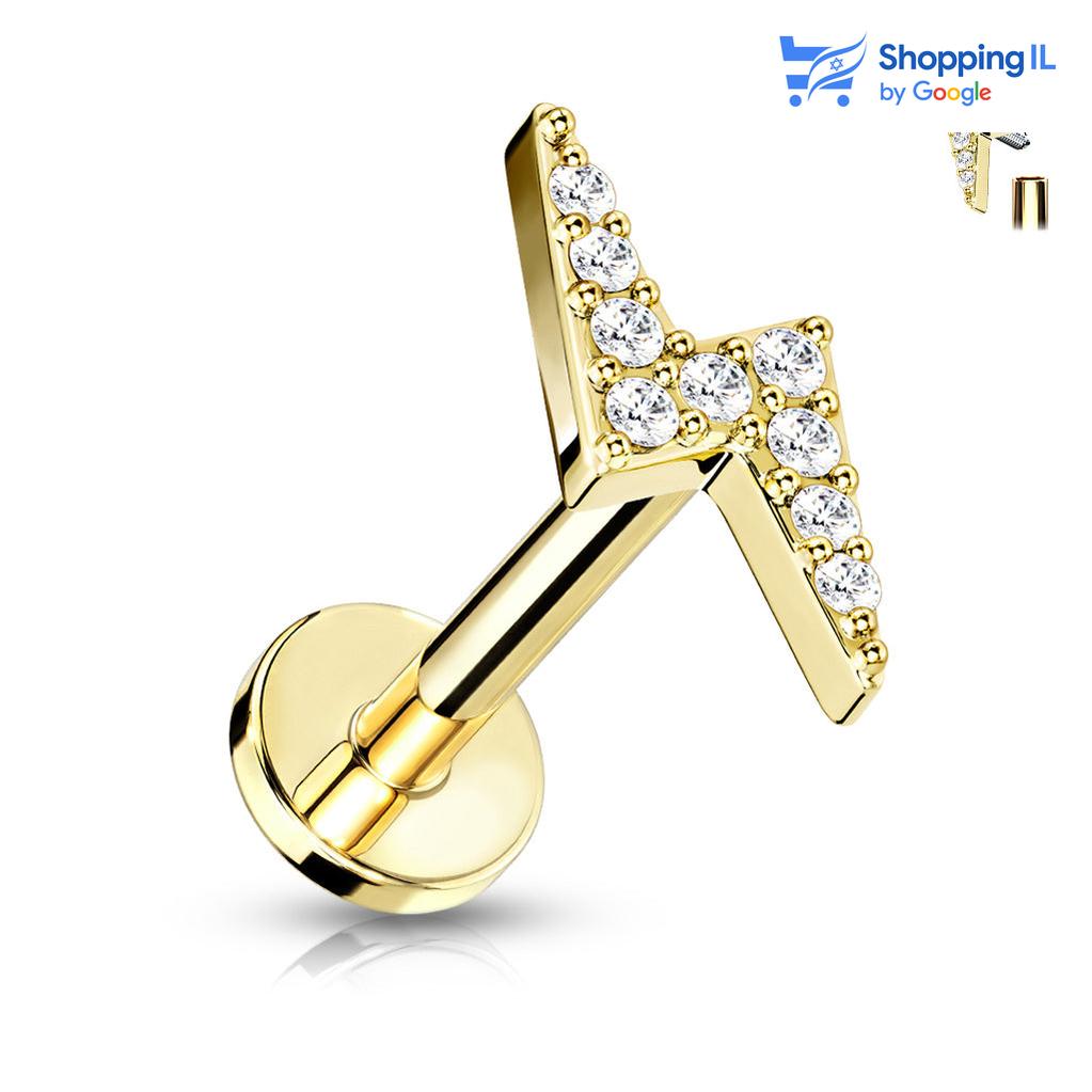 עגיל פלאש ⚡ - עגיל לברט עשוי מתכת רפואית בעלת הברגה פנימית. העגיל בעיצוב ברק משובץ באבני זירקון. צבע - זהב, כסף, זהב רוז מידה - מגיע בעובי של 1.2 מ"מ ובאורך 6 מ"מ  העגיל מיועד בעיקר לאזורים הבאים: - פירסינג בשפה - פירסינג קונץ' - פירסינג הליקס - פירסינג טראגוס - פירסינג פלאט - כמובן שניתן לענוד את העגיל גם באזורים אחרים (: